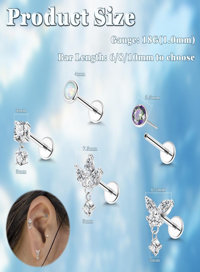 NICEIGHT 5Pcs 18G Surgical Steel Threadless Cartilage Labret Monroe Stud Earrings for Women Push in Flat Back Helix Tragus Lip Stud Earrings Conch Nose Stud Piercing Jewelry 6MM Silver - Image 3